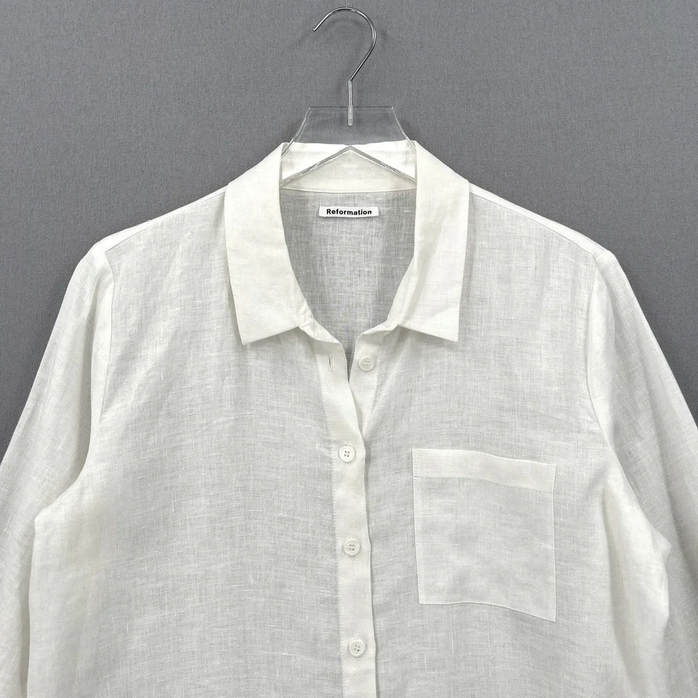 REFORMATION Sky Top Relaxed Linen Shirt Womens Large White Long Sleeve Button Up - Picture 6 of 14